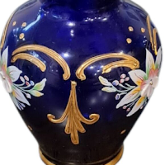 Vintage Mini Cobalt Blue Glass Vase, Gold Trim, 3D Hand painted Floral Design - Picture 5 of 10